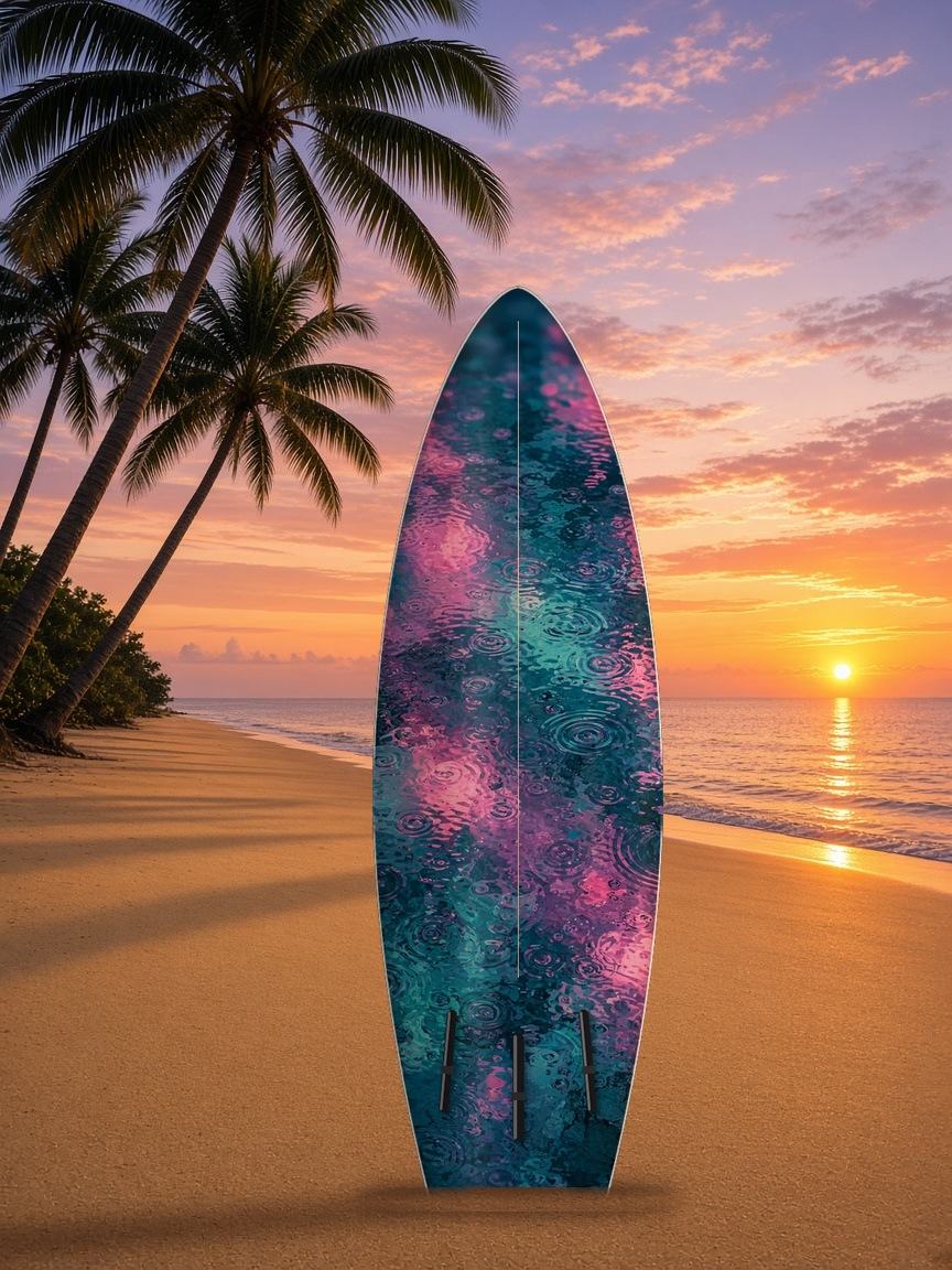 Robot Bus Stop Rain surfboard wrap, bottom side