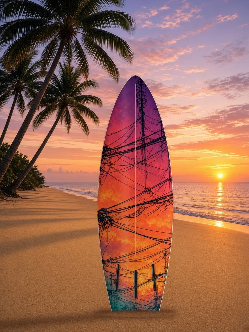 Rooftop Antenna Sunset surfboard wrap, bottom side