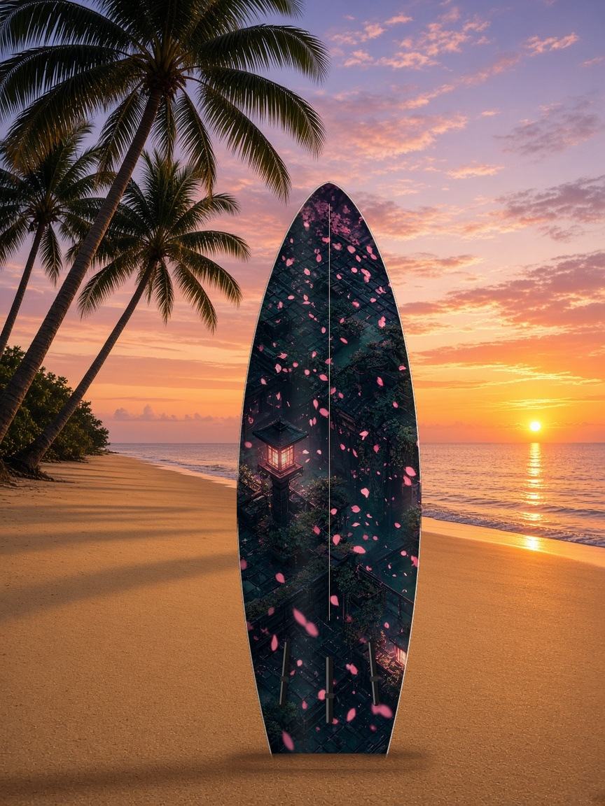 Rooftop Blossom Dusk surfboard wrap, bottom side