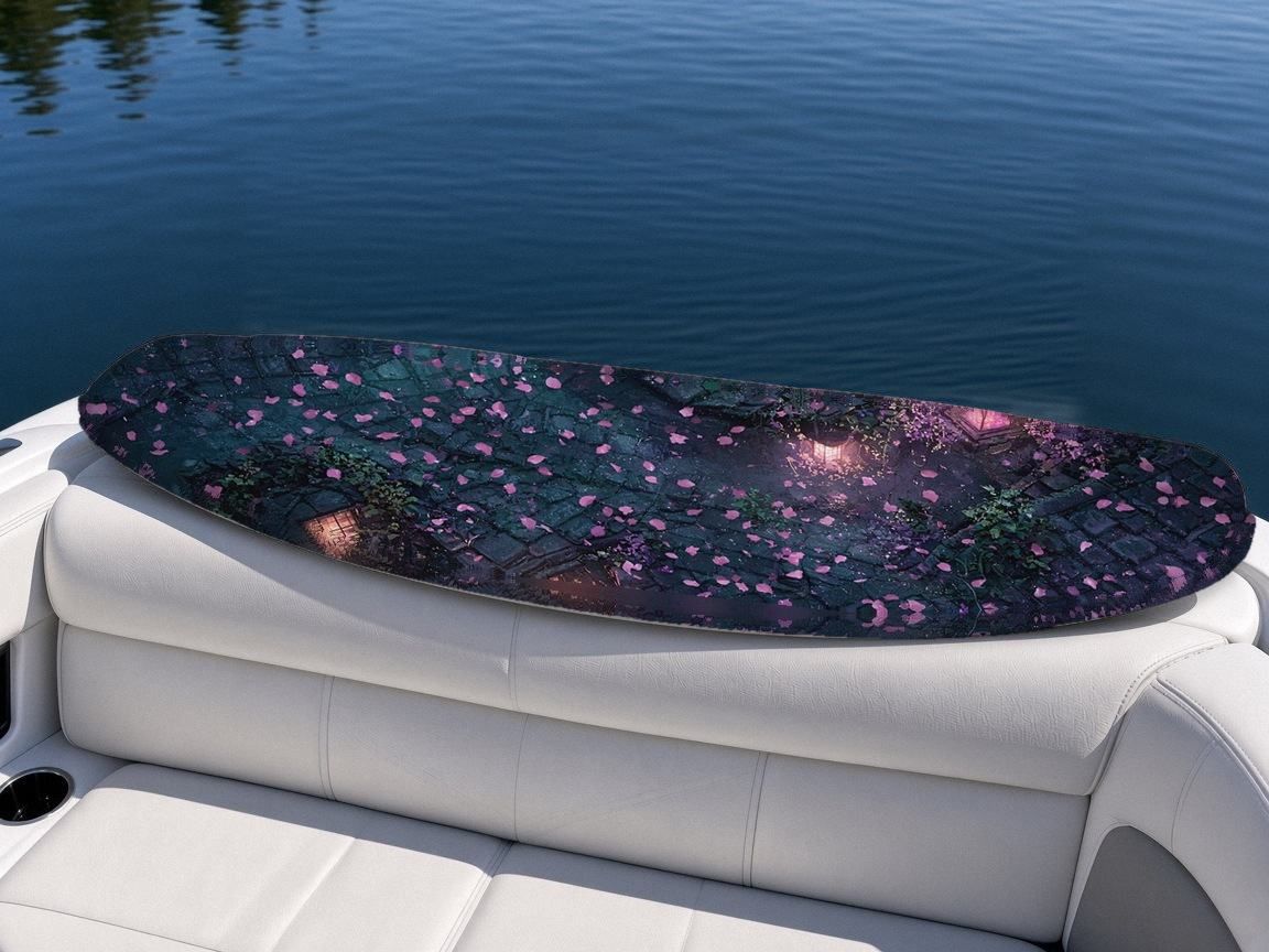 Rooftop Blossom Dusk wakeboard, on the boat wrap, bottom side