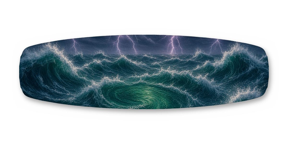 Sea Serpent Lighthouse Storm wakeboard, studio shot wrap, bottom side