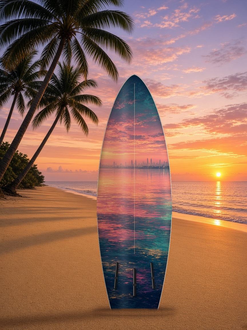 Skyline Dawn Bay surfboard wrap, bottom side