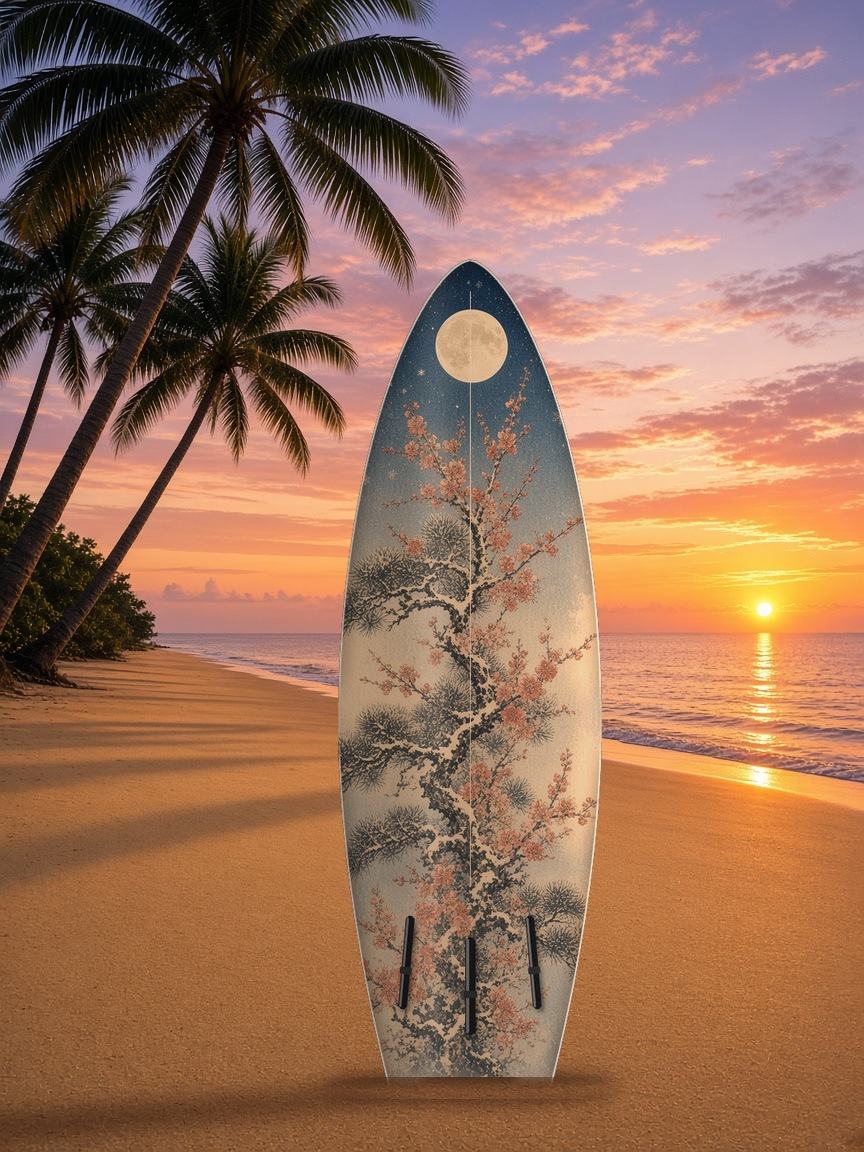 Snow Temple Cranes surfboard wrap, bottom side