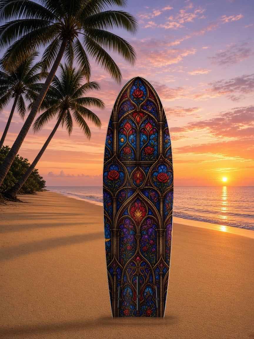 Stained Glass Rose Window paddleboard wrap, bottom side
