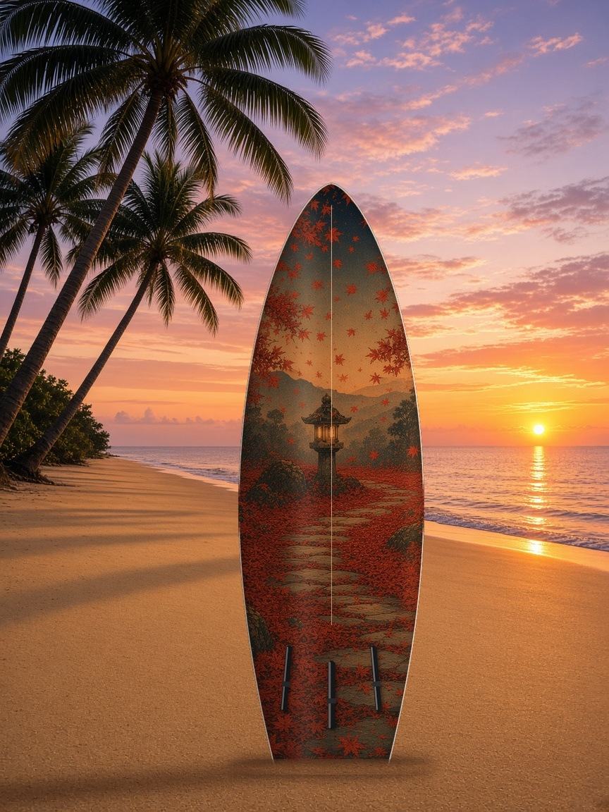 Tanuki Maple Moon surfboard wrap, bottom side