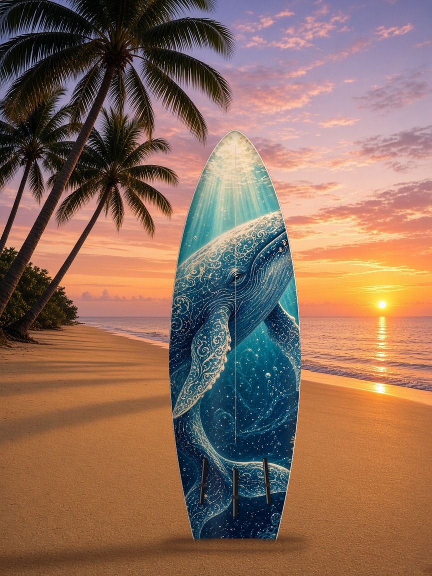 Whale Spirit surfboard wrap, bottom side, Mythic Water collection