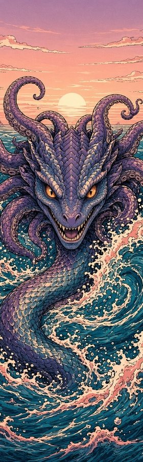 Kraken Serpent flat artwork, Mythic Water collection