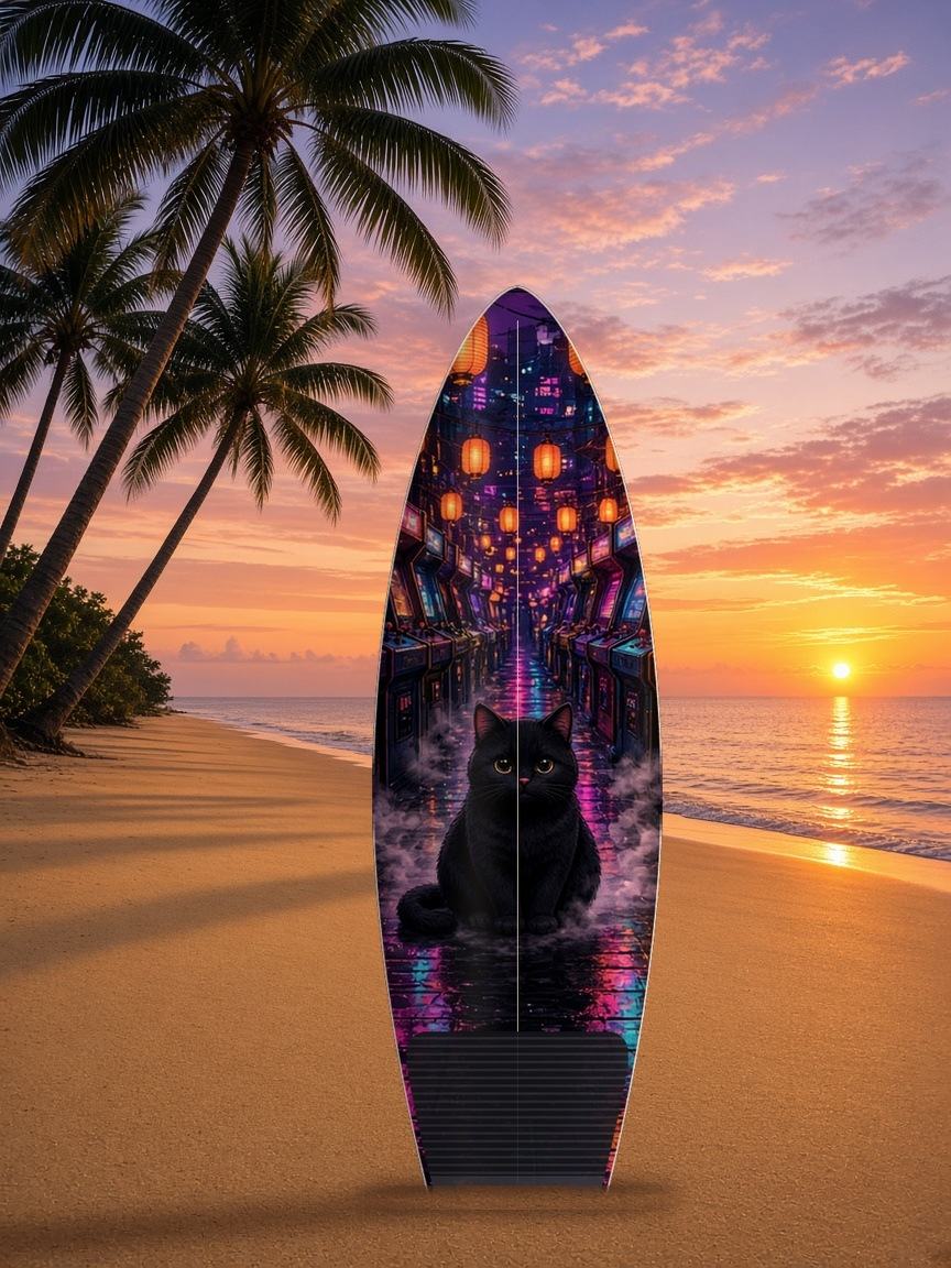 Arcade Alley Glow surfboard wrap, top side