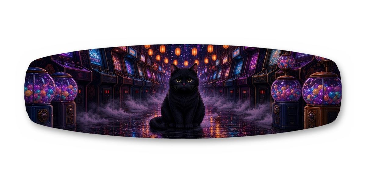 Arcade Alley Glow wakeboard, studio shot wrap, top side