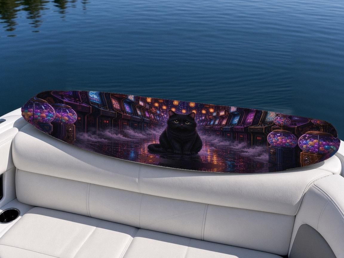 Arcade Alley Glow wakeboard, on the boat wrap, top side