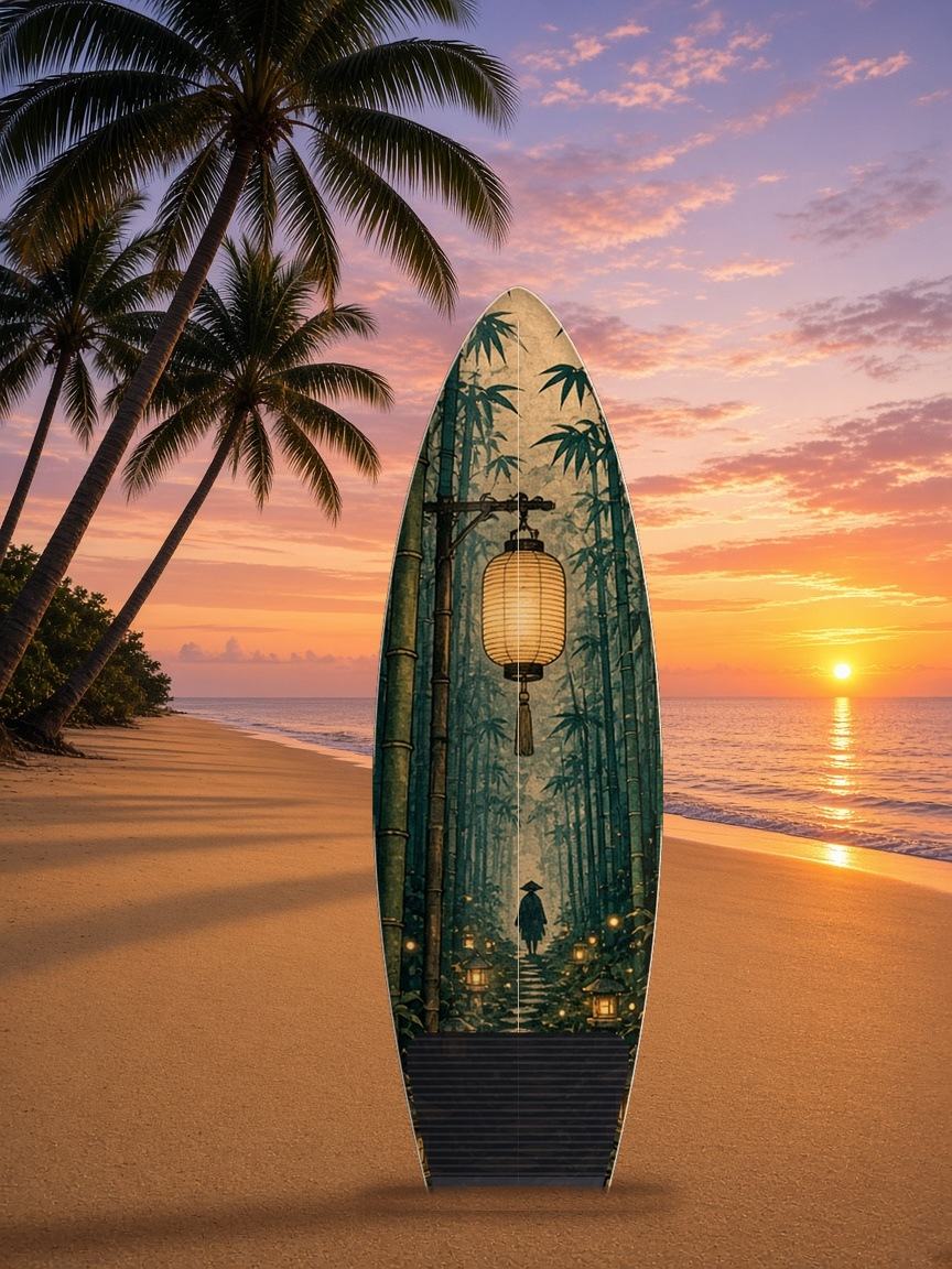 Bamboo Lantern Path surfboard wrap, top side