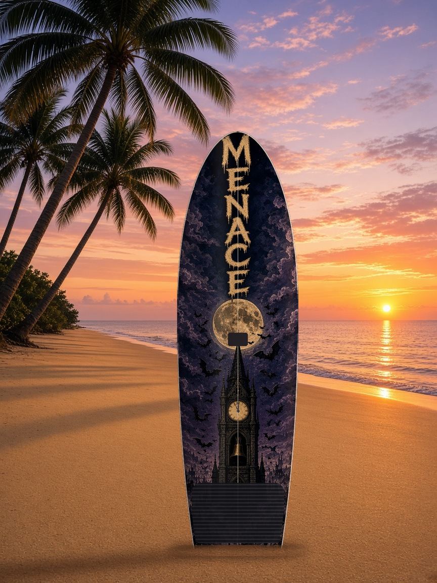 Clocktower Midnight Menace paddleboard wrap, top side