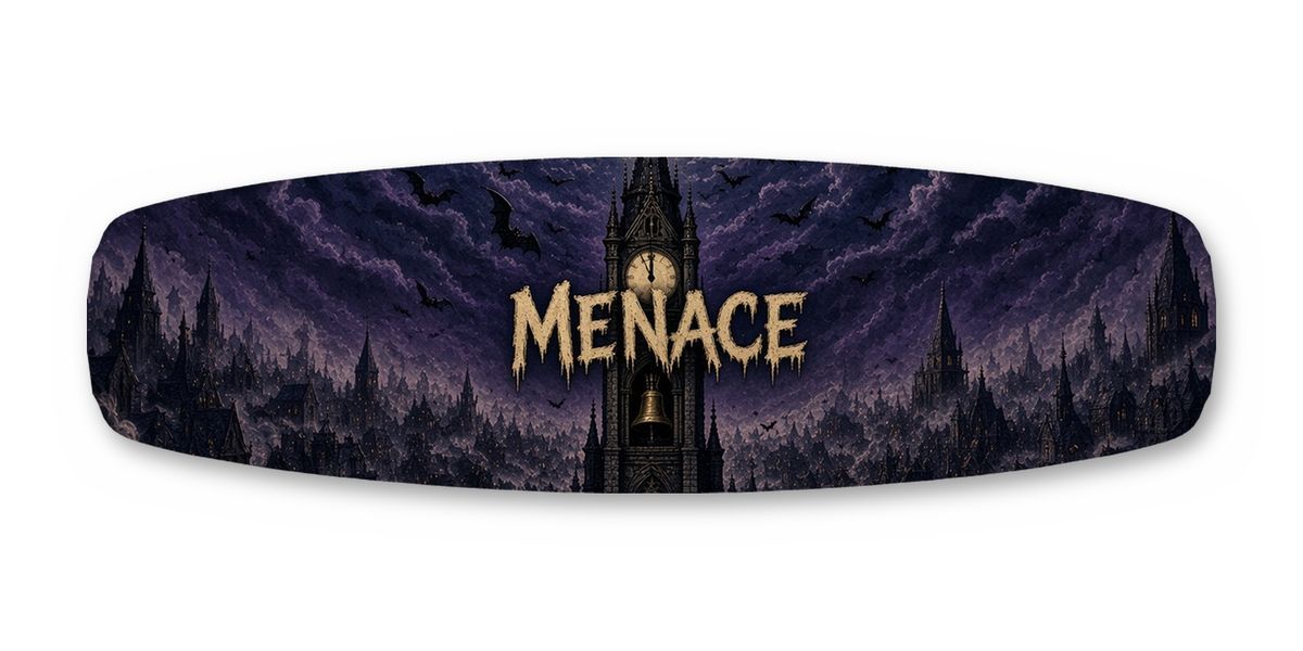 Clocktower Midnight Menace wakeboard, studio shot wrap, top side