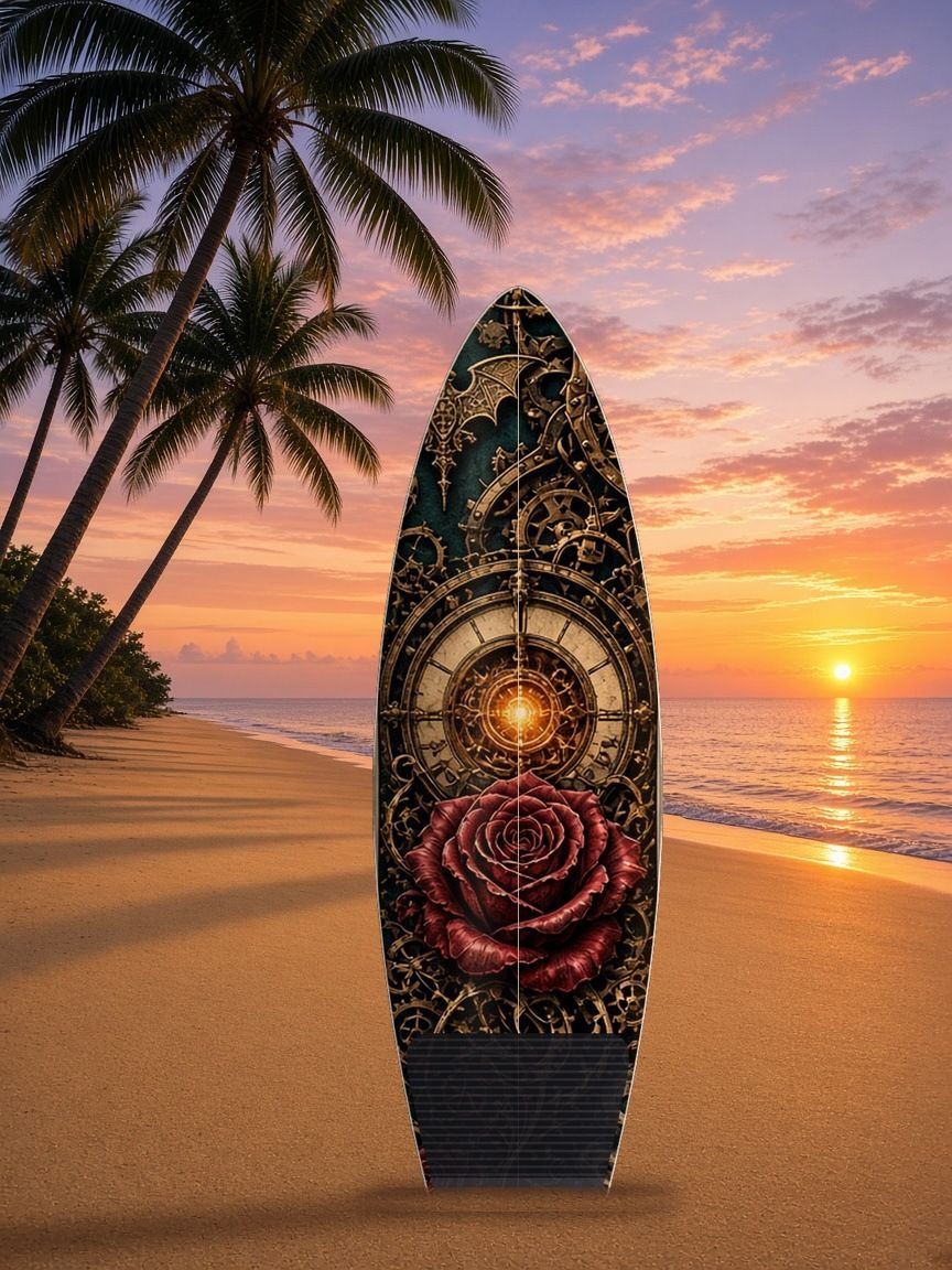 Clockwork Gear Rose surfboard wrap, top side