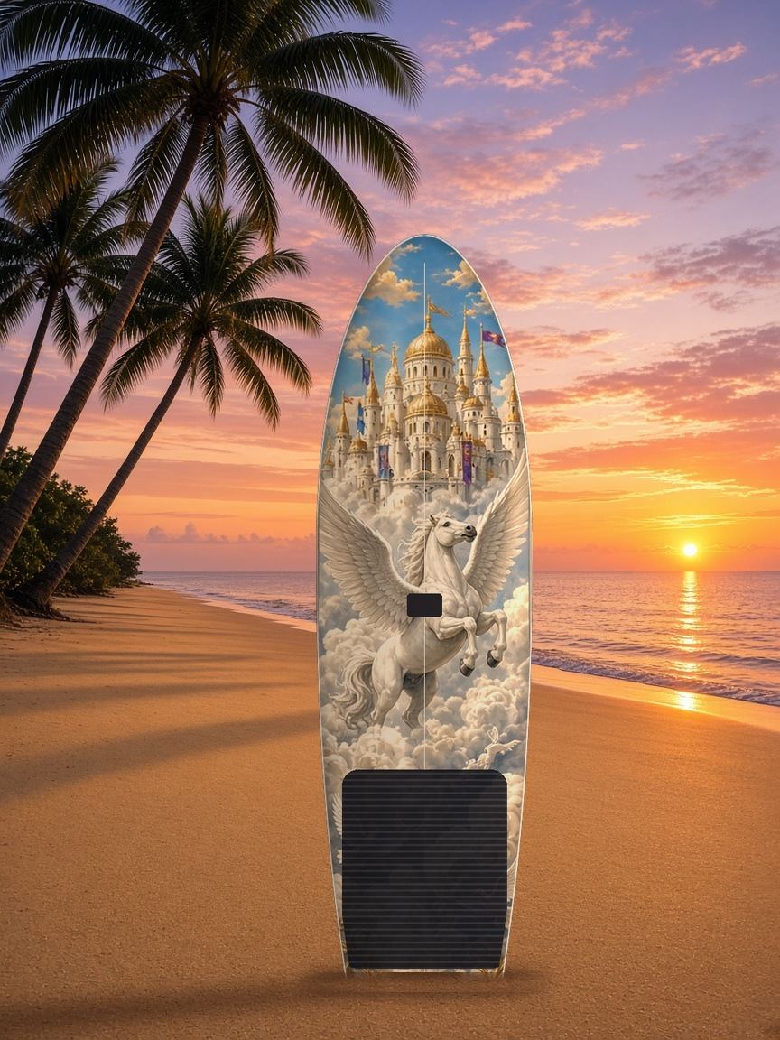 Cloud Castle Pegasus Rainbow paddleboard wrap, top side