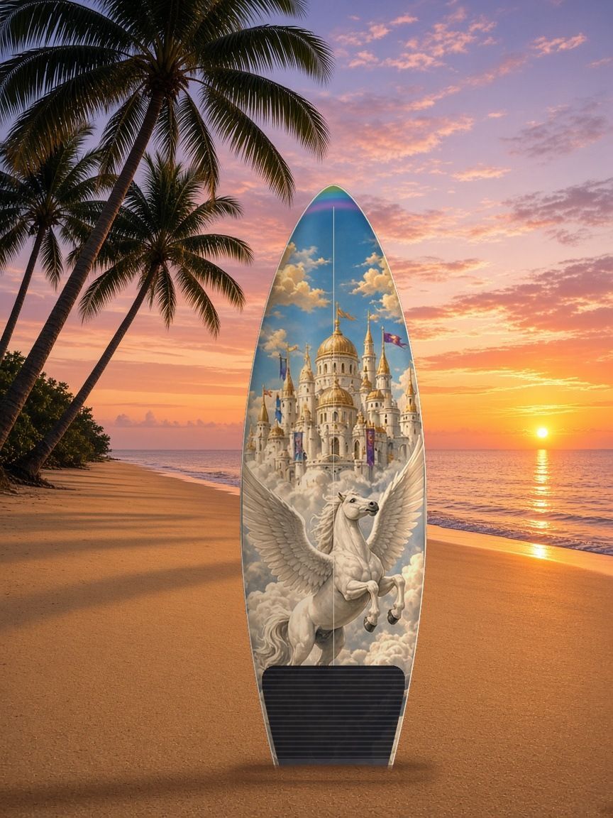 Cloud Castle Pegasus Rainbow surfboard wrap, top side
