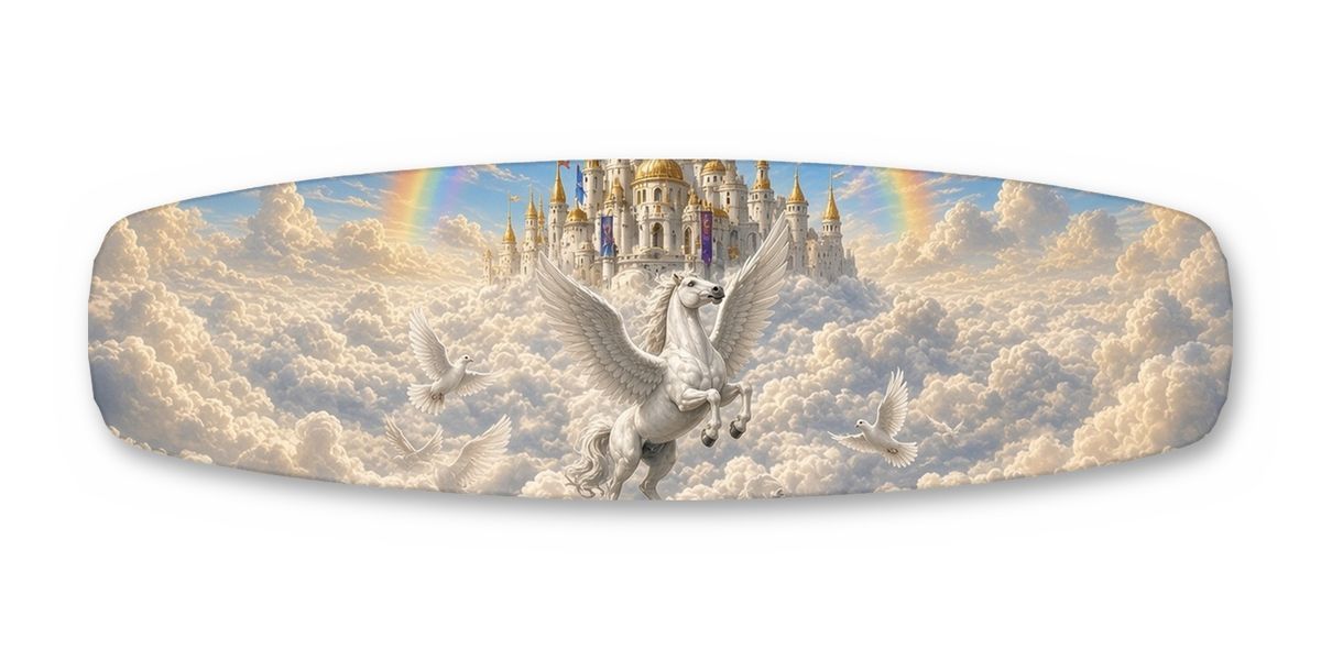 Cloud Castle Pegasus Rainbow wakeboard, studio shot wrap, top side
