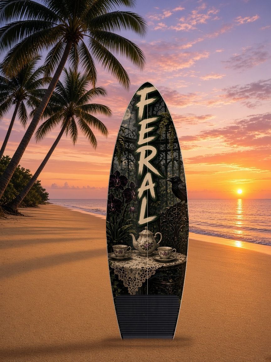 Conservatory Orchid Crow Feral surfboard wrap, top side