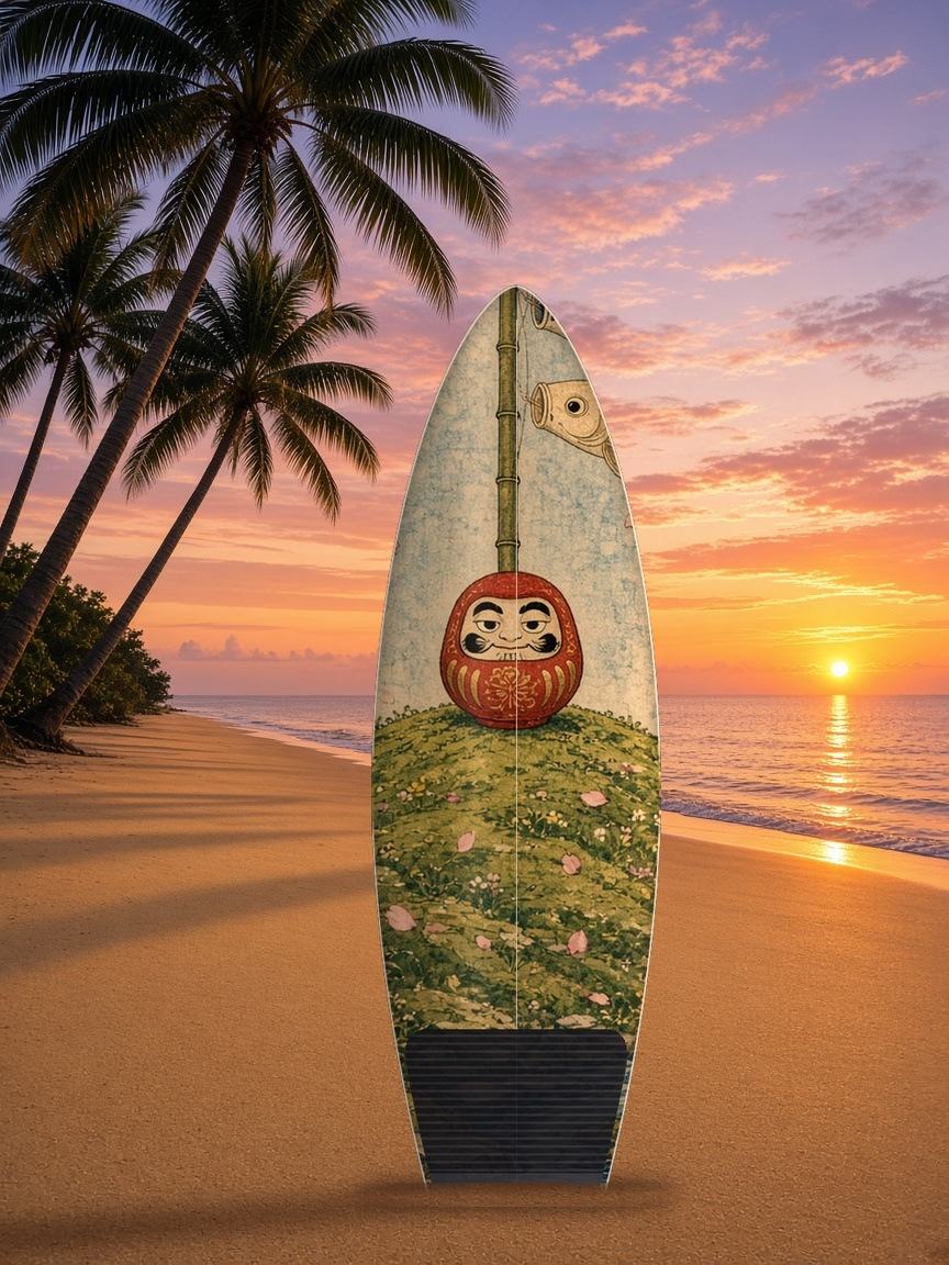 Daruma Koinobori Spring surfboard wrap, top side