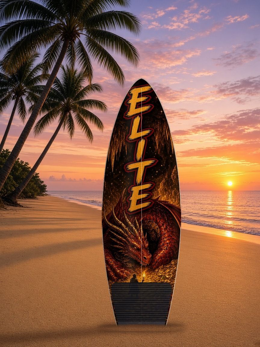 Dragon Hoard Knight Elite surfboard wrap, top side