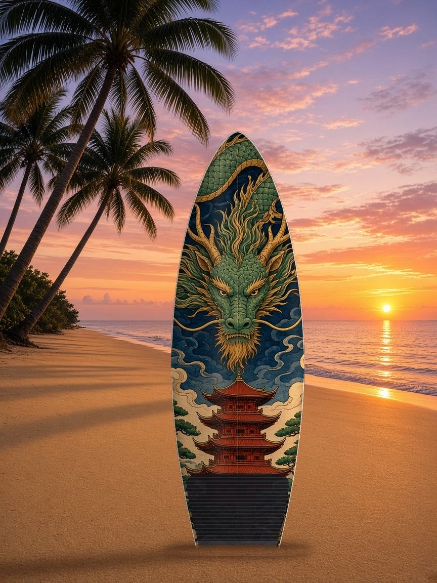 Dragon Over Pagoda surfboard wrap, top side