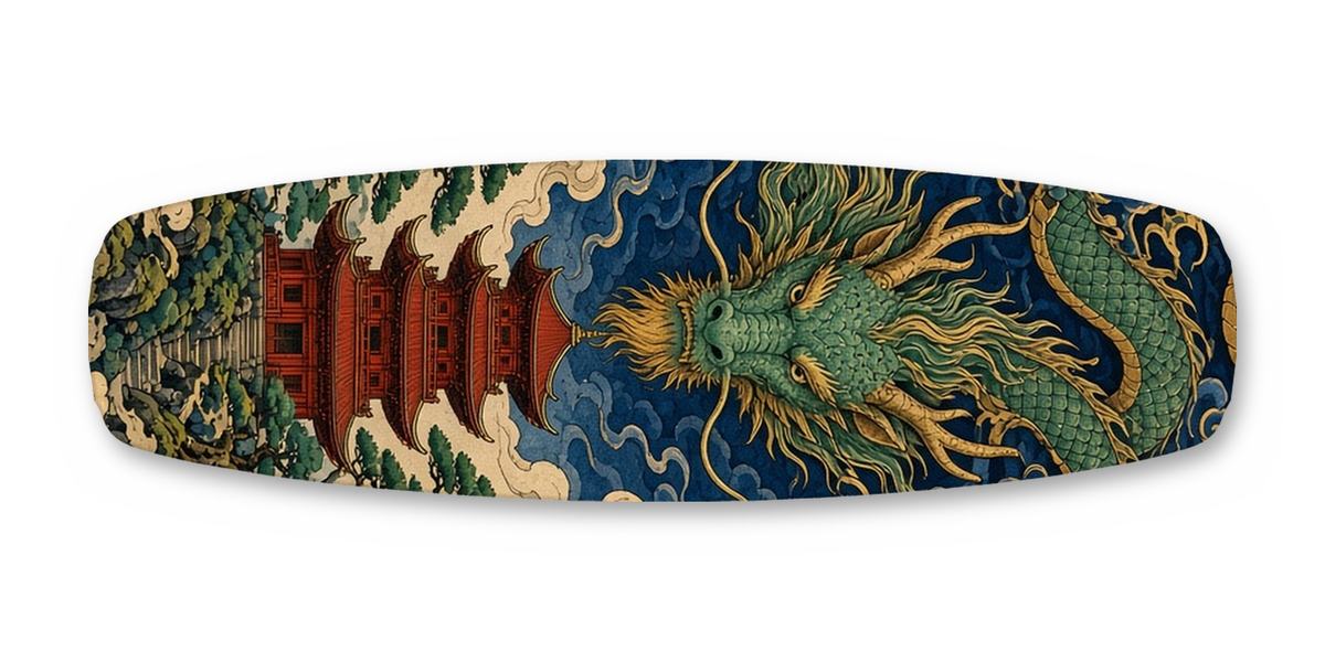 Dragon Over Pagoda wakeboard, studio shot wrap, top side
