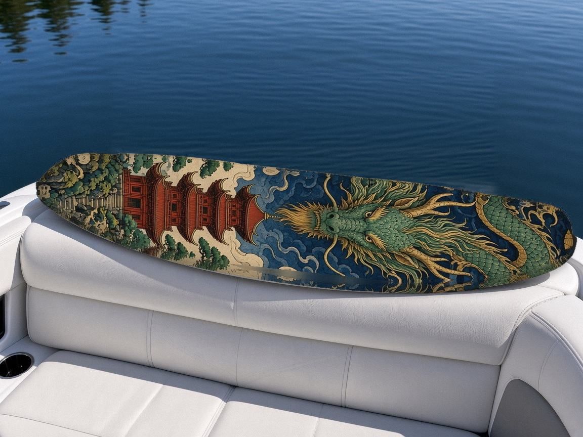 Dragon Over Pagoda wakeboard, on the boat wrap, top side