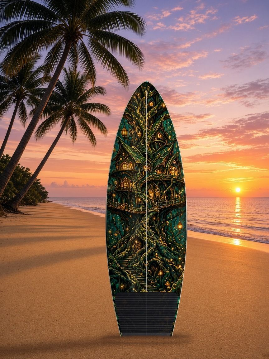 Elven Lantern Forest City surfboard wrap, top side