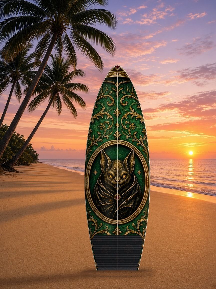 Fanged Bat Emblem surfboard wrap, top side