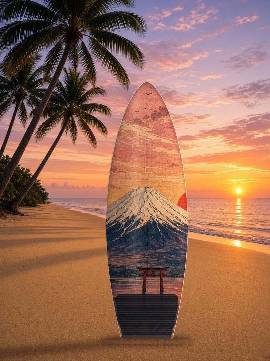 Fuji Sunrise Torii Lake surfboard wrap, top side