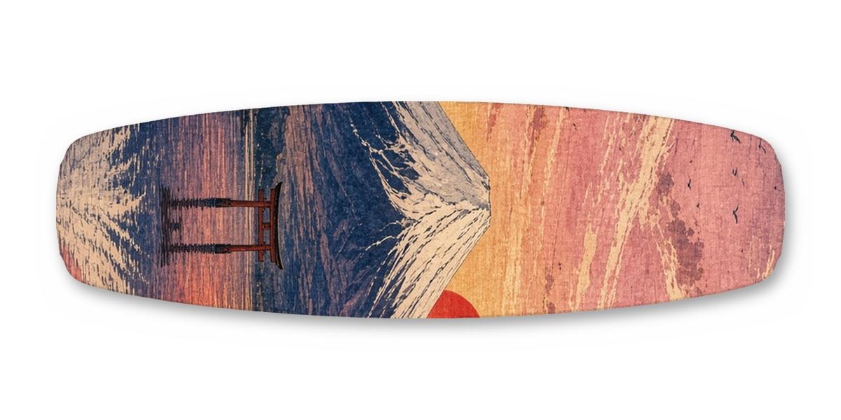 Fuji Sunrise Torii Lake wakeboard, studio shot wrap, top side