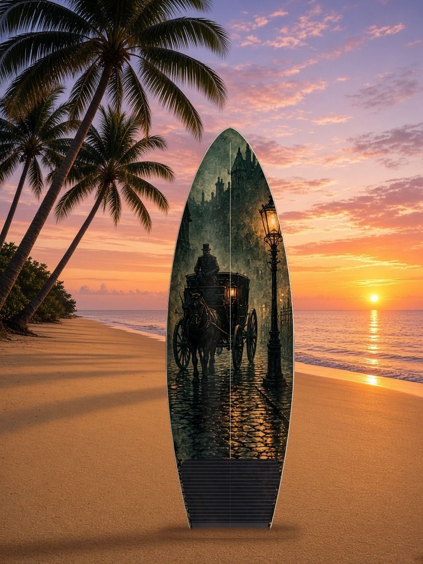 Gaslit Hansom Street surfboard wrap, top side