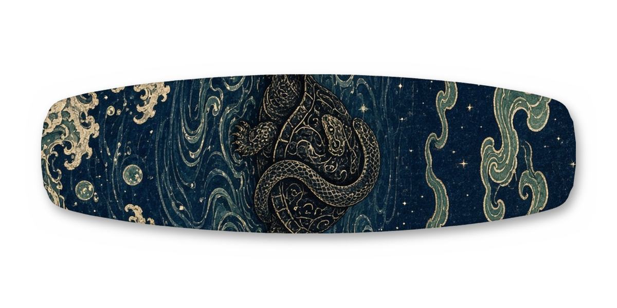 Genbu Moon Waves wakeboard, studio shot wrap, top side