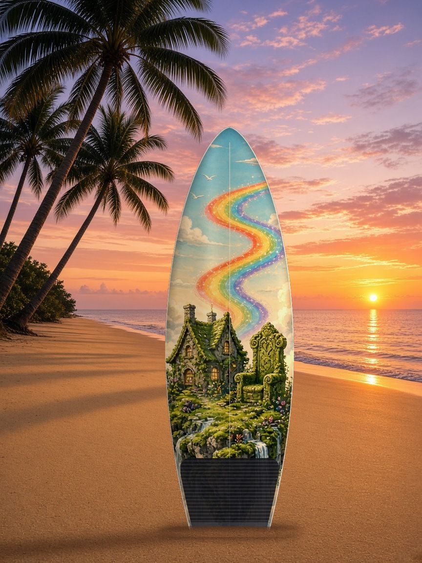 Giant Mossy Peak Rainbow Bridge surfboard wrap, top side