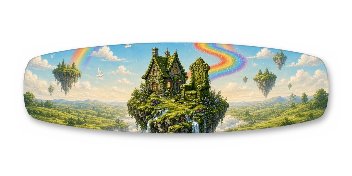 Giant Mossy Peak Rainbow Bridge wakeboard, studio shot wrap, top side