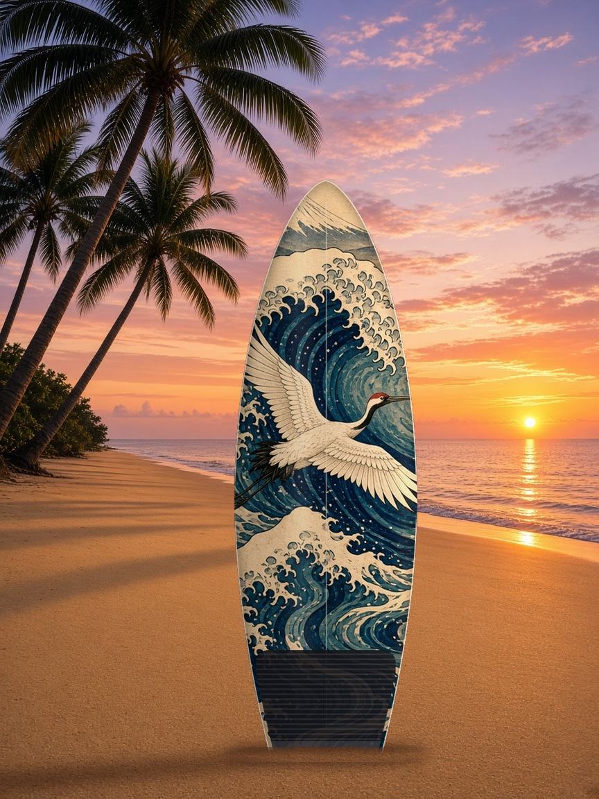 Great Wave Crane surfboard wrap, top side