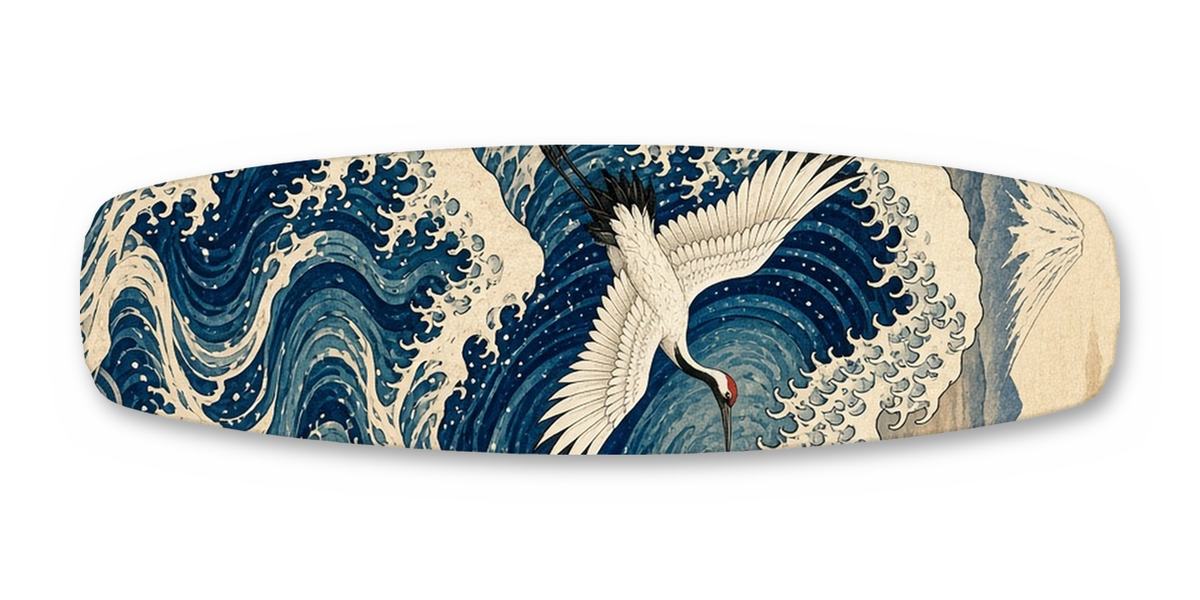 Great Wave Crane wakeboard, studio shot wrap, top side