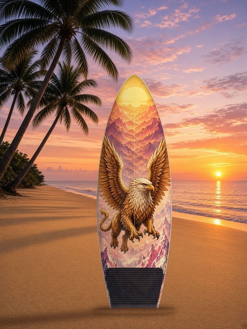 Griffin Sunrise Peaks surfboard wrap, top side