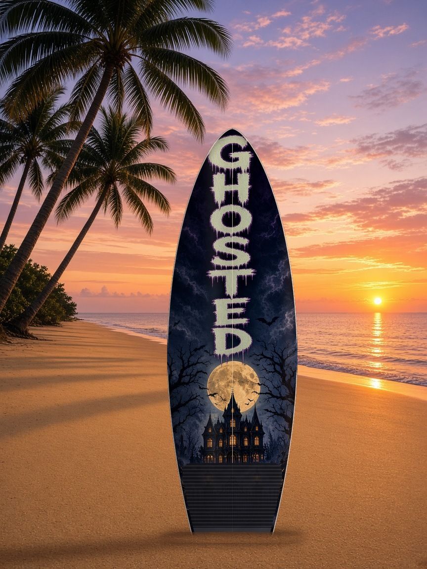 Haunted Manor Ghosted surfboard wrap, top side