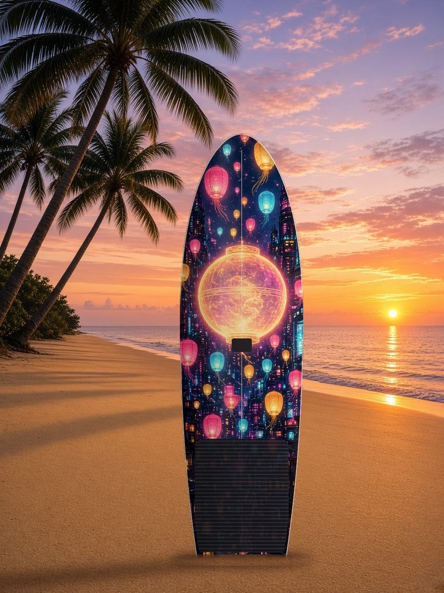 Hologram Lantern Festival paddleboard wrap, top side