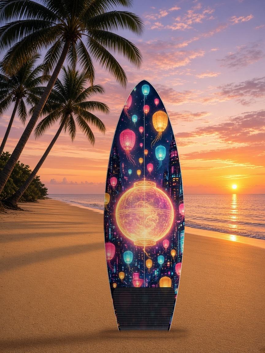 Hologram Lantern Festival surfboard wrap, top side