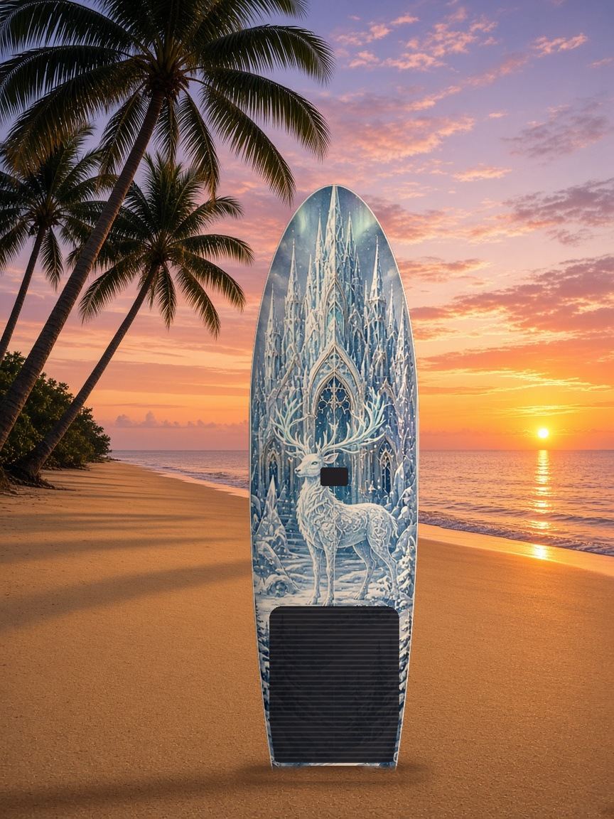Ice Queen Palace Frost Stag paddleboard wrap, top side