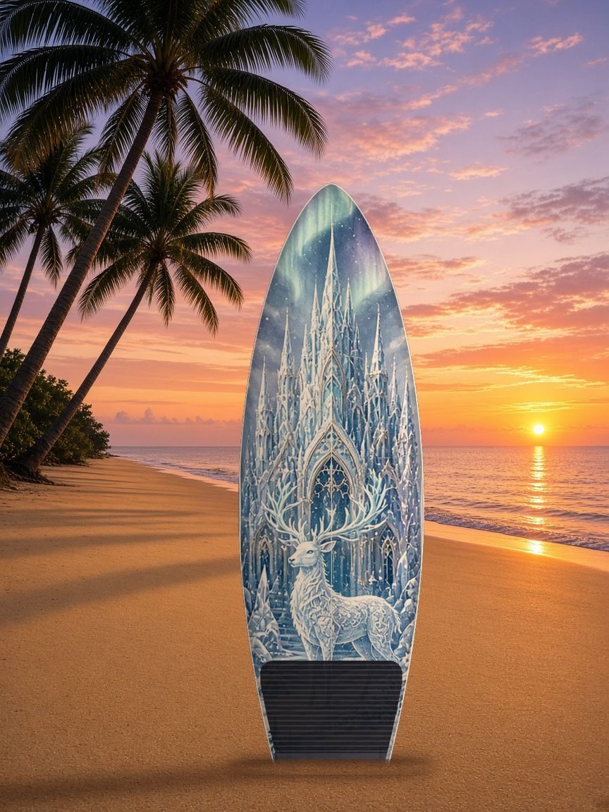 Ice Queen Palace Frost Stag surfboard wrap, top side
