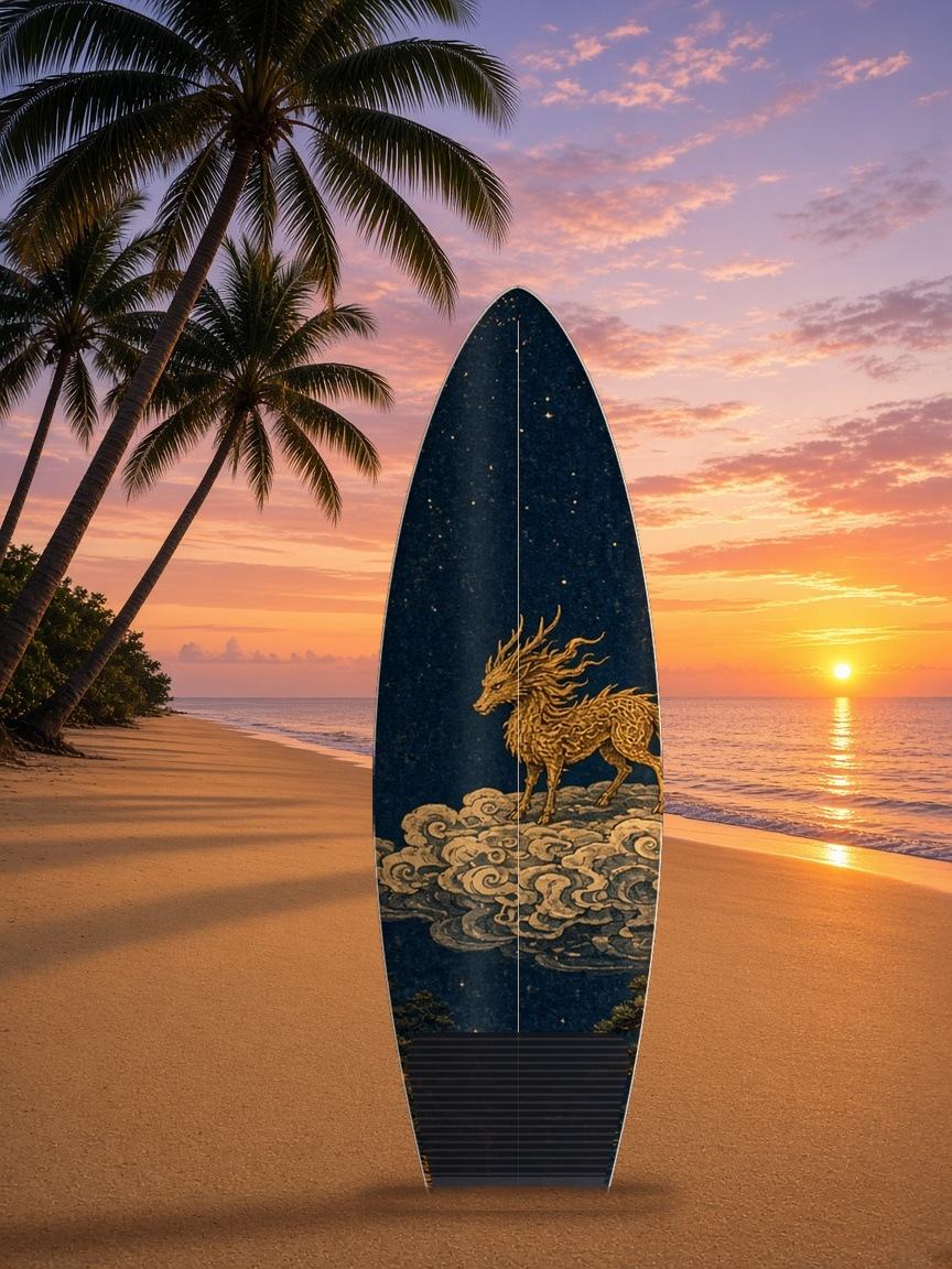 Kirin Lantern Moon surfboard wrap, top side