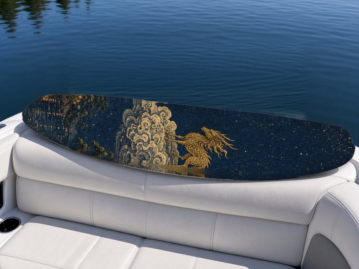 Kirin Lantern Moon wakeboard, on the boat wrap, top side