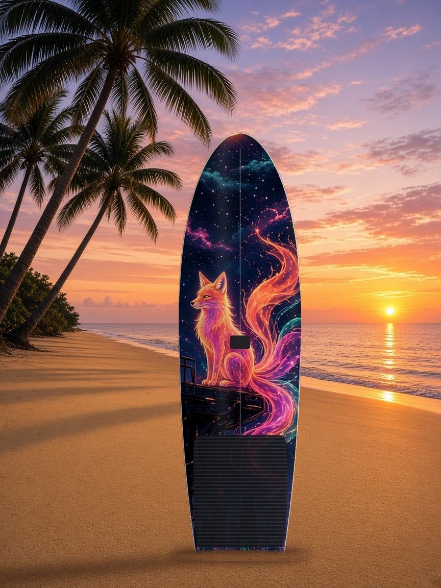 Kitsune Rooftop Moon paddleboard wrap, top side