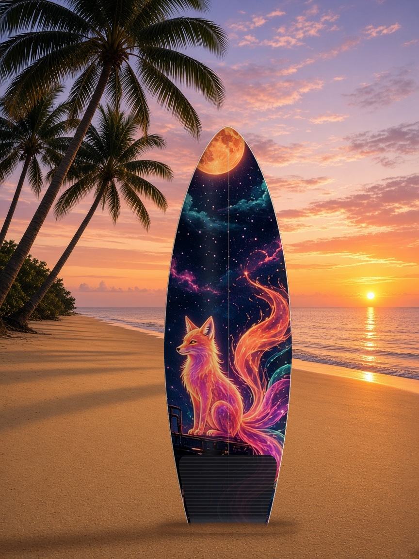 Kitsune Rooftop Moon surfboard wrap, top side