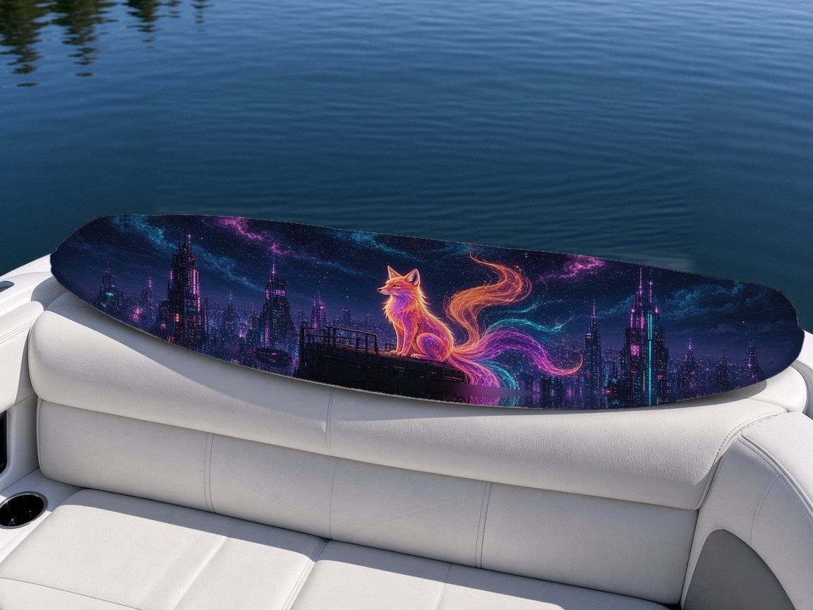 Kitsune Rooftop Moon wakeboard, on the boat wrap, top side