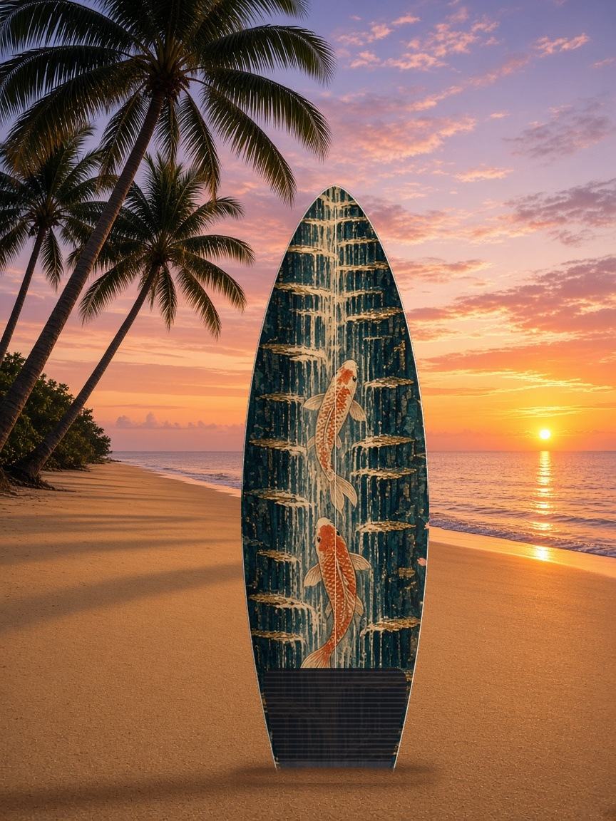 Koi Waterfall Ascent surfboard wrap, top side
