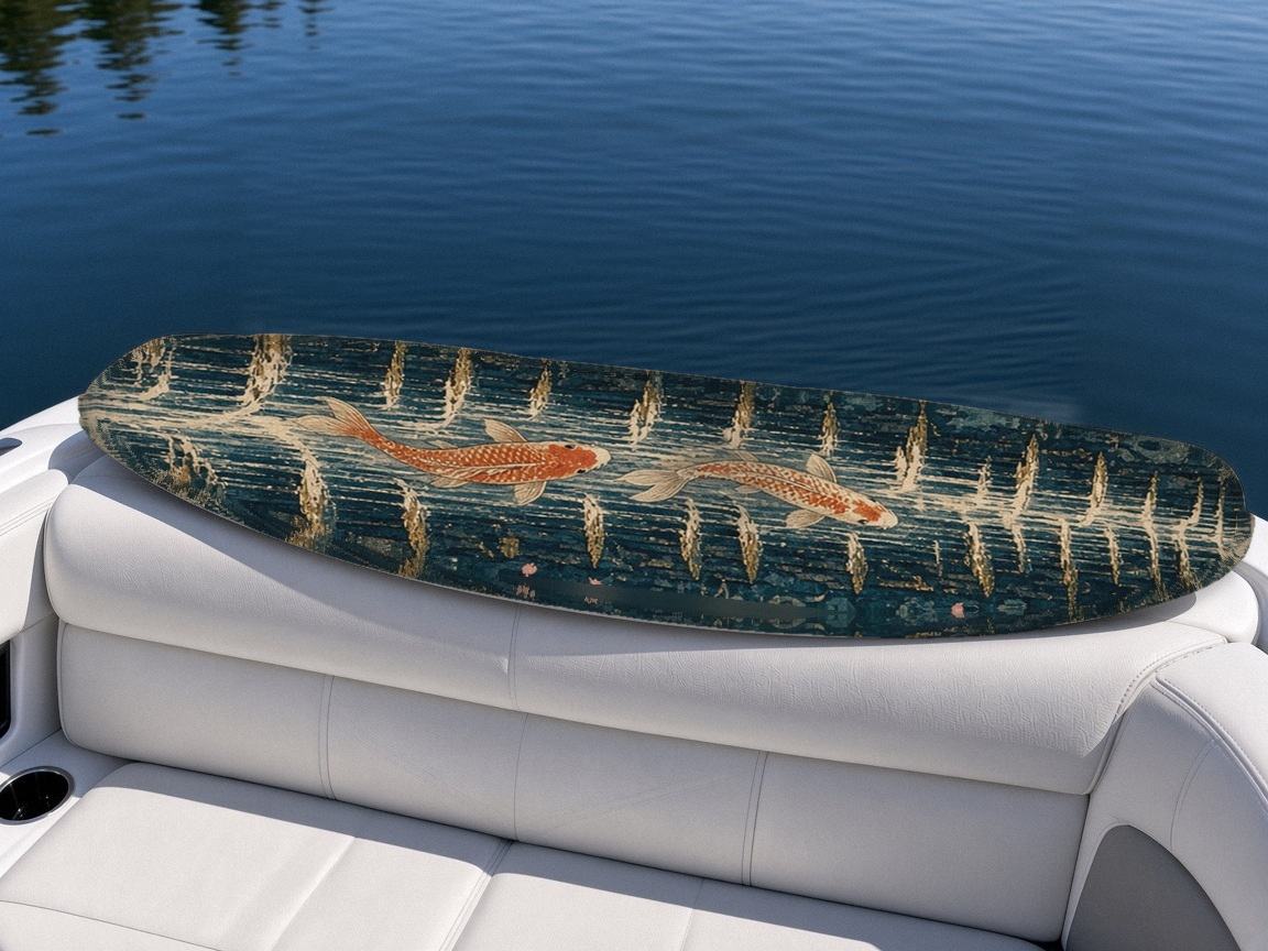 Koi Waterfall Ascent wakeboard, on the boat wrap, top side